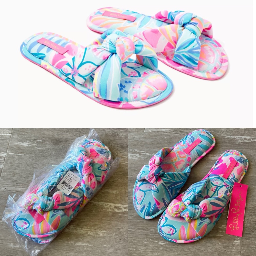 Size L/XL NWT Lilly Pulitzer Pool Slippers Slide Sandal Aqua Rainforest Retreat